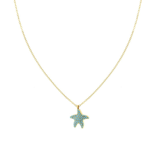 Collana Catena Forzatina Diamantata con Stella Marina e Crystal Turchese in ACCIAIO colore Oro<BR>