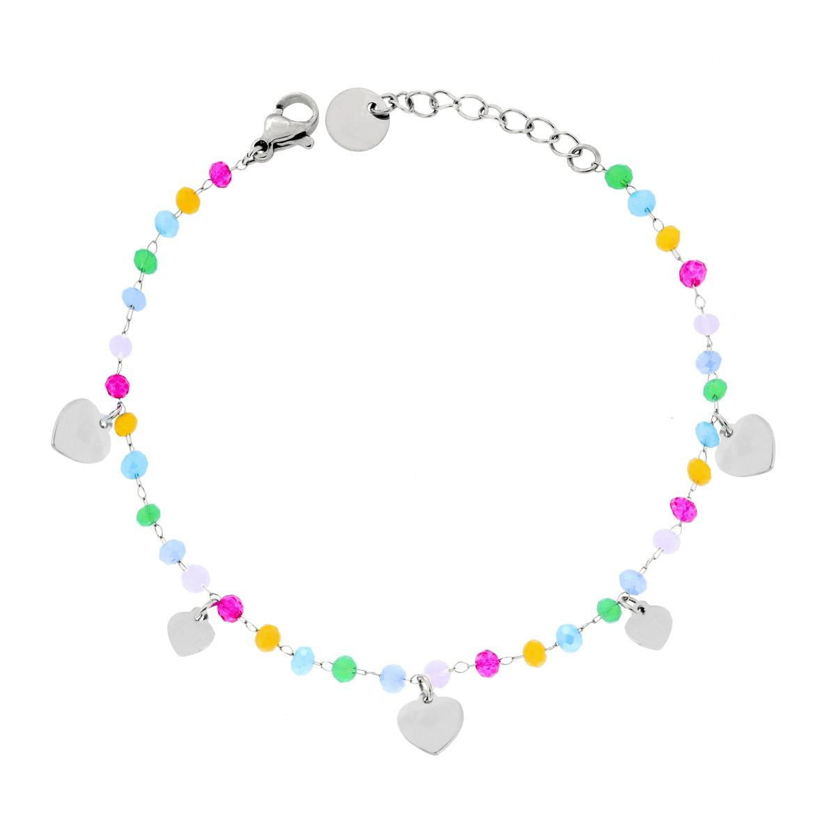 Bracciale Catena con Crystal Multicolor Pastello e Cuori plain pendenti in ACCIAIO<BR>