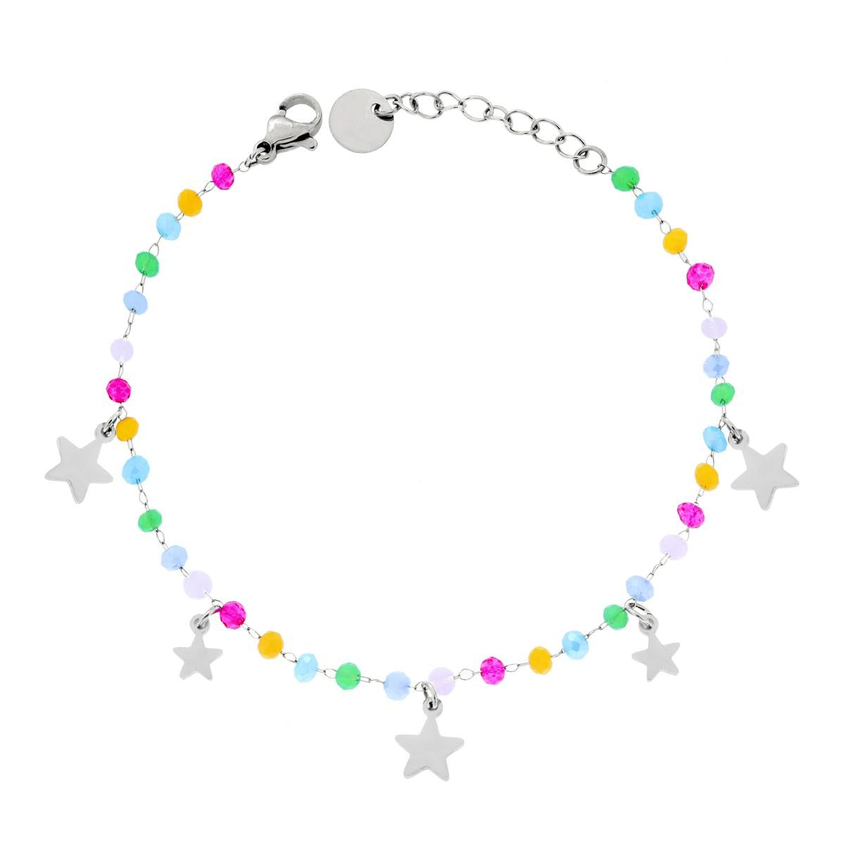 Bracciale Catena con Crystal Multicolor Pastello e Stelle plain pendenti in ACCIAIO<BR>