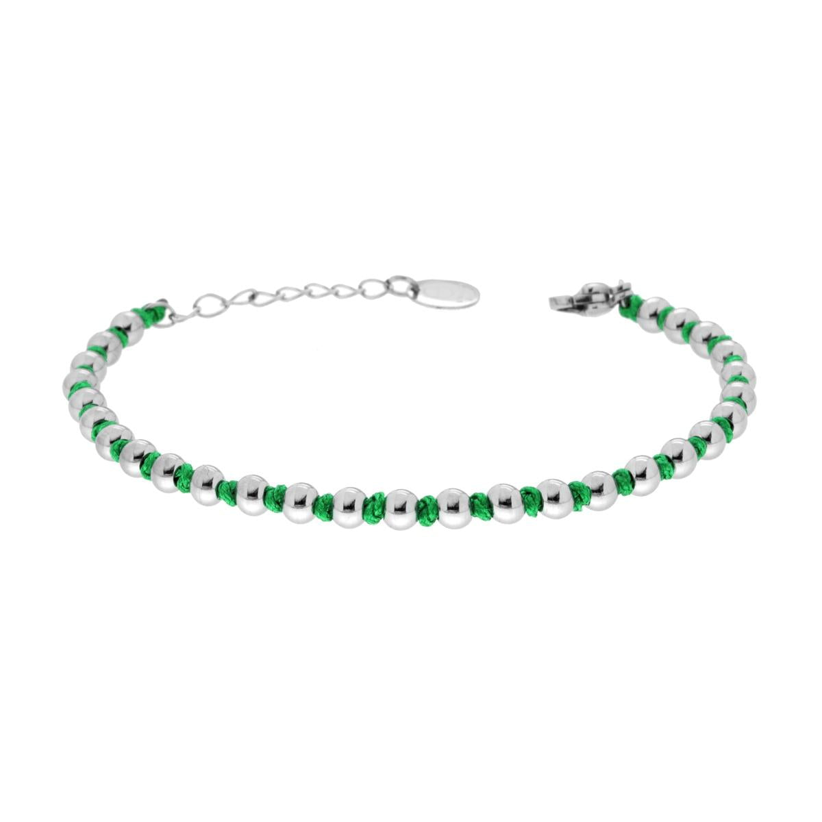 Bracciale Catena con Palline alternate a Nodi in Cotone Verde in ACCIAIO<BR>