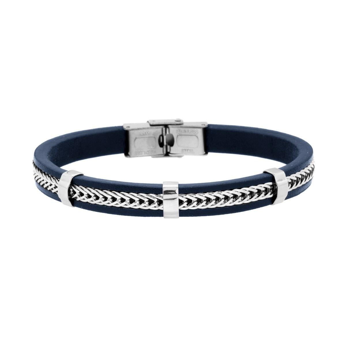 Bracciale Uomo in Ecopelle Blu con inserto Catena in ACCIAIO<BR>