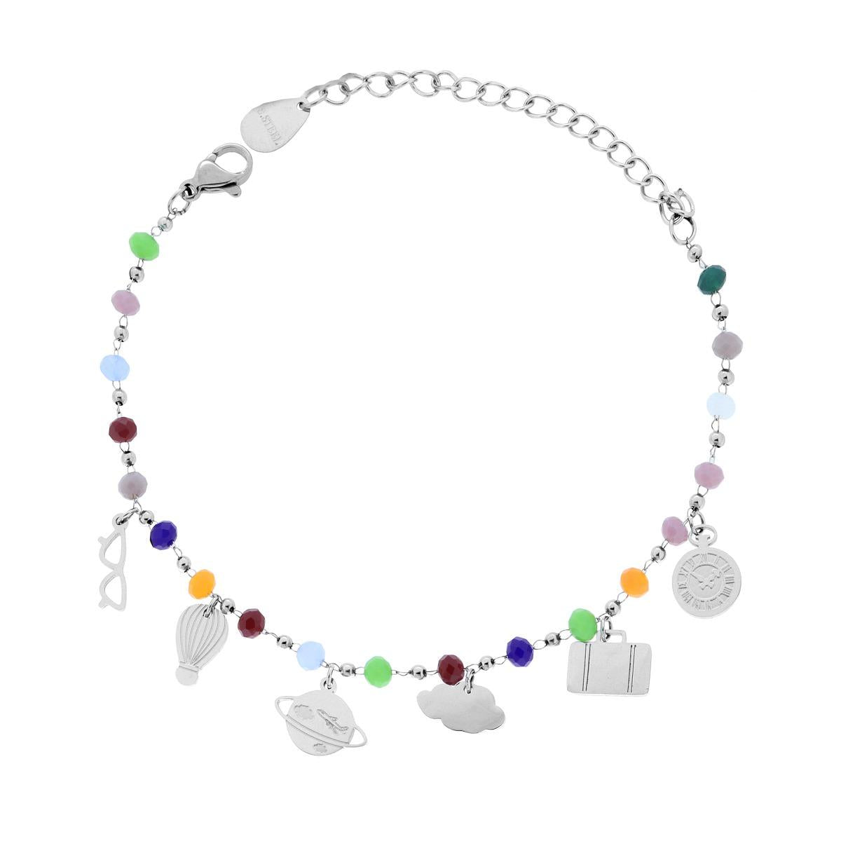 Bracciale Catena con Crystal Multicolor e Charms Viaggio plain pendenti in ACCIAIO <BR>
