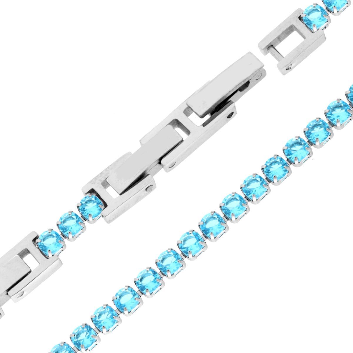 Bracciale Tennis Griffe cm 16.5+4 con Crystal mm 3 Acquamarina regolabile in ACCIAIO<BR>