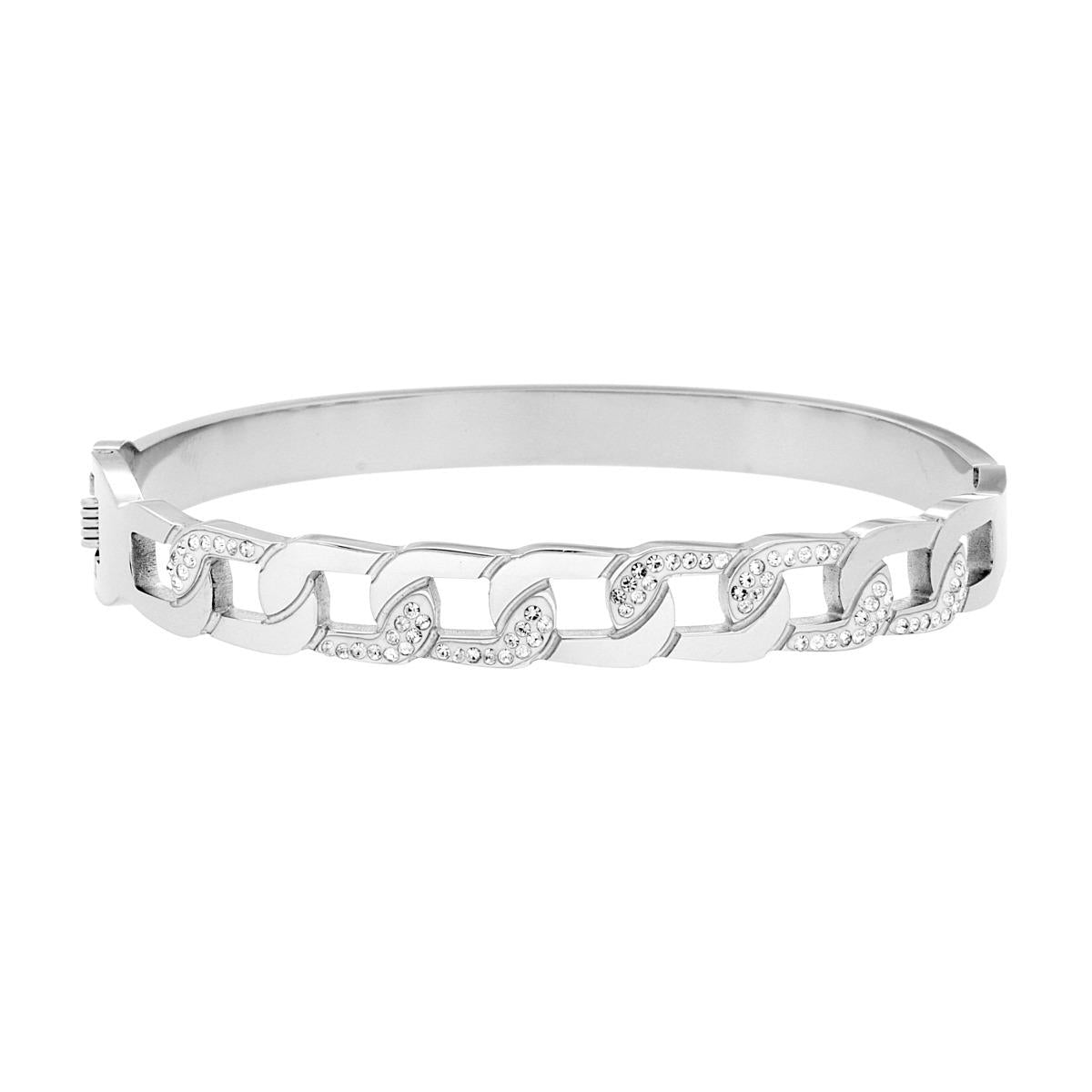 Bracciale Rigido modello Schiava Catena Grumetta con Crystal Bianchi in ACCIAIO<BR>