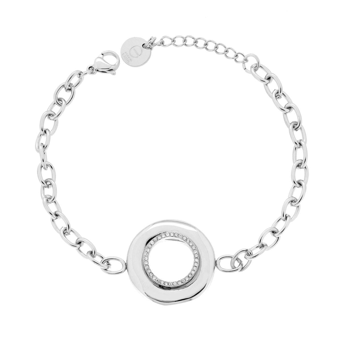 Bracciale Catena Forzatina con Tondo centrale e Crystal Bianchi in ACCIAIO<BR>