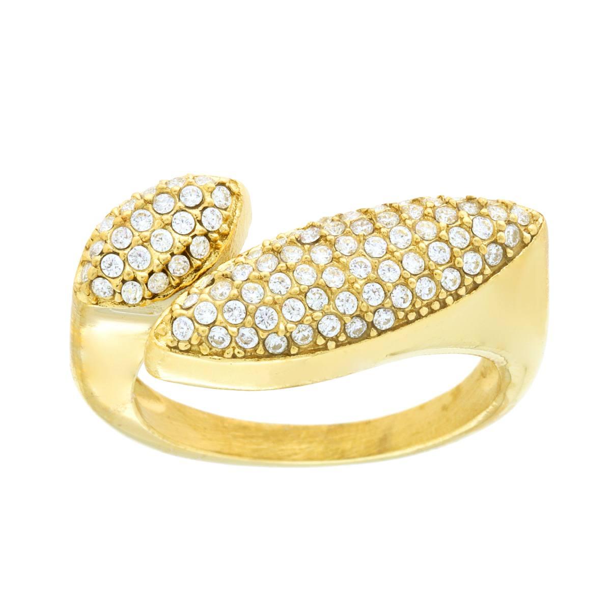 Anello Fascia Contrarie Foglie con Crystal Bianchi in ACCIAIO colore Oro<BR>