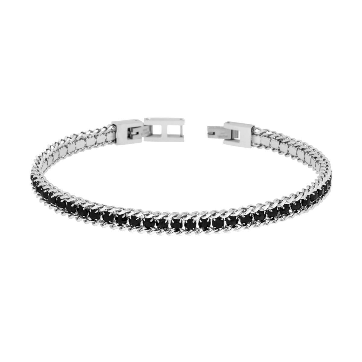 Bracciale Catena Grumetta con Tennis Crystal Neri in ACCIAIO<BR>