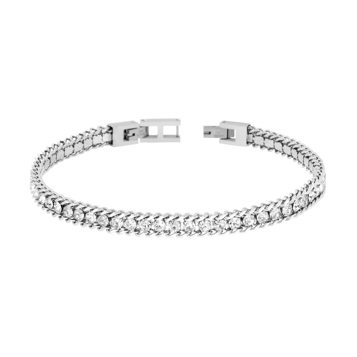 Bracciale Catena Grumetta con Tennis Crystal Bianchi in ACCIAIO<BR>