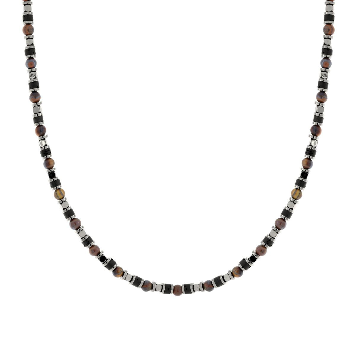 Collana Catena con Anelli Cubetti Antracite e Pietre Nero e Occhi di Tigre in ACCIAIO<BR>
