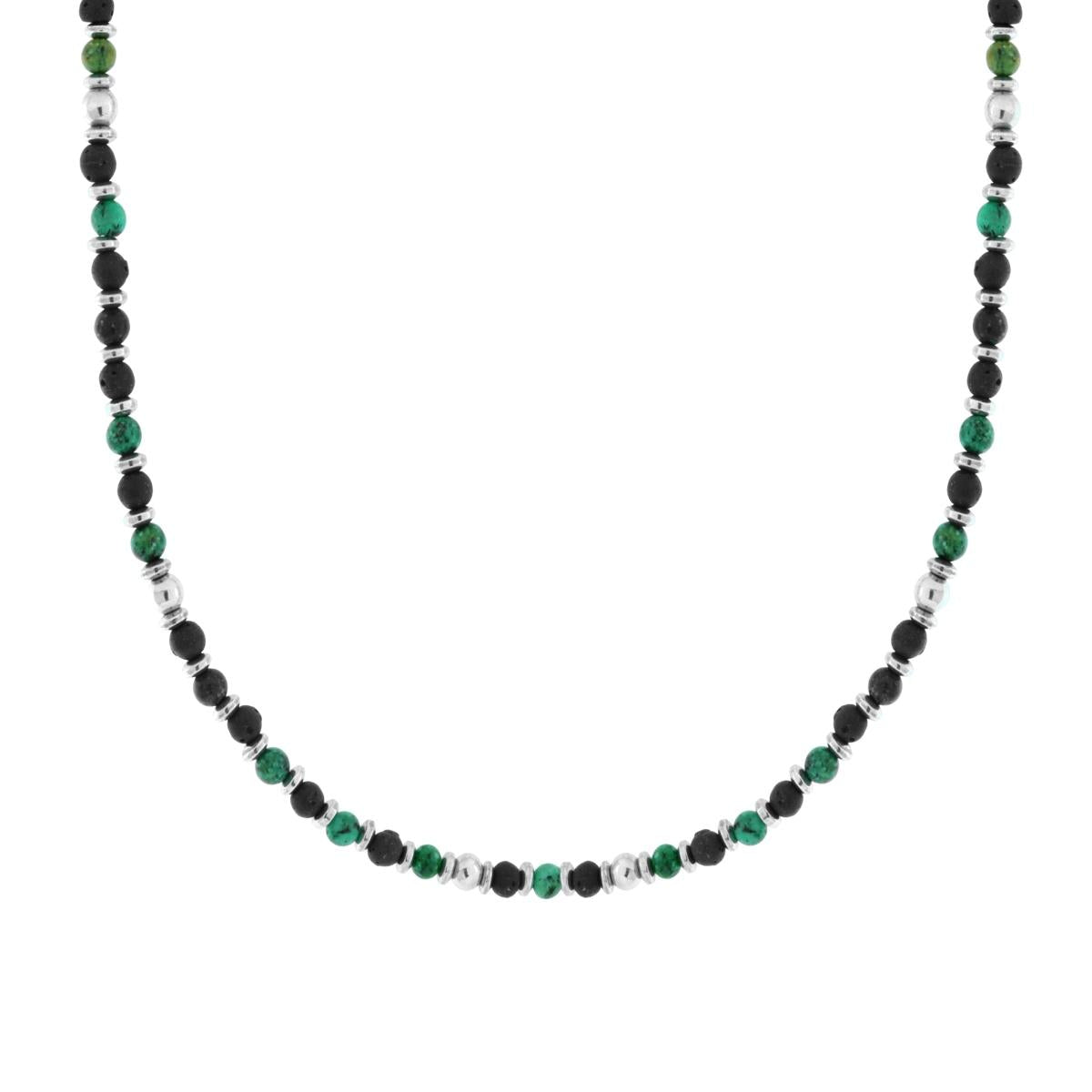 Collana Catena con Anelli e Pietre Tonde Verde Malachite in ACCIAIO<BR>
