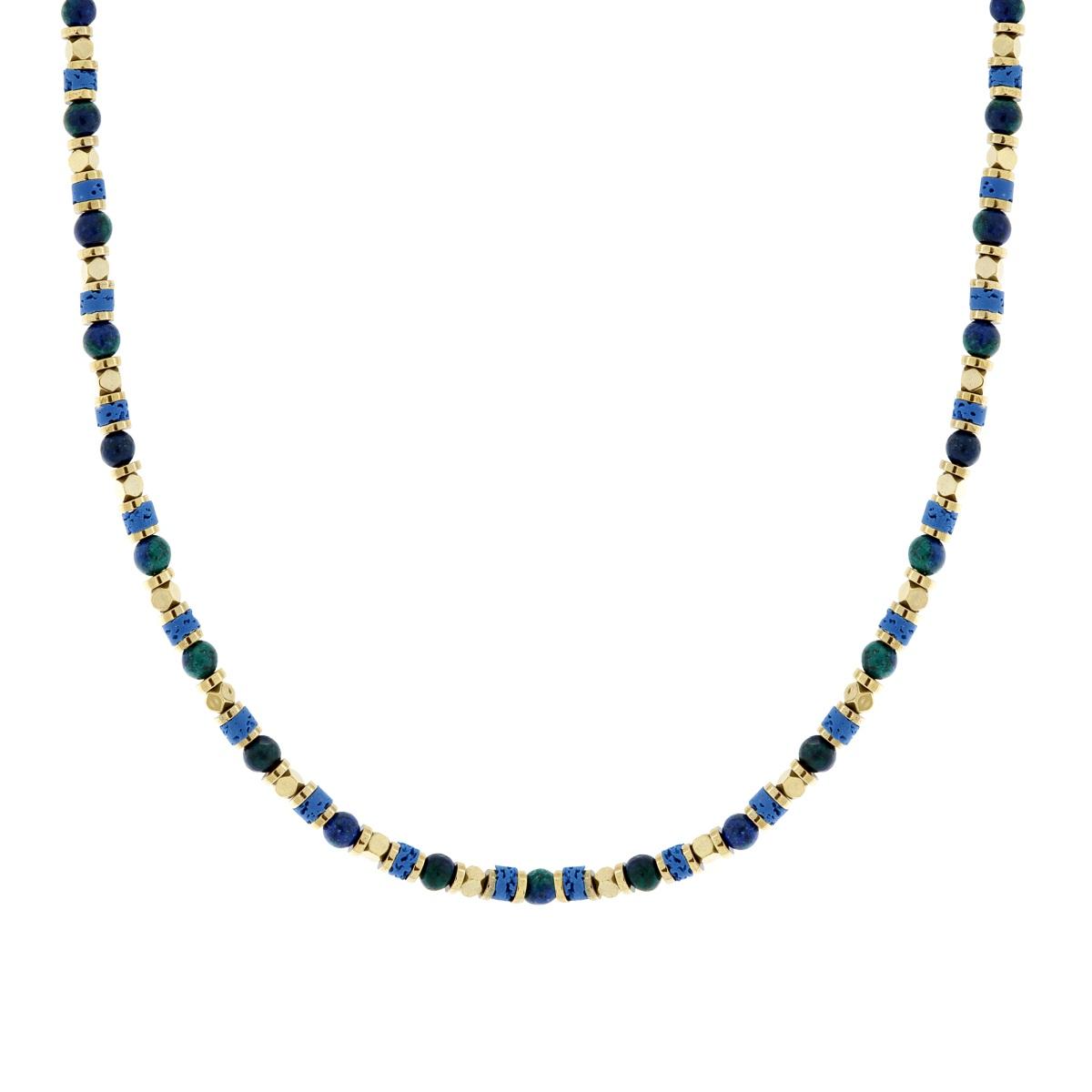 Collana Catena con Anelli Cubetti e Pietre Verde Malachite e Blu Lapislazzuli in ACCIAIO<BR>