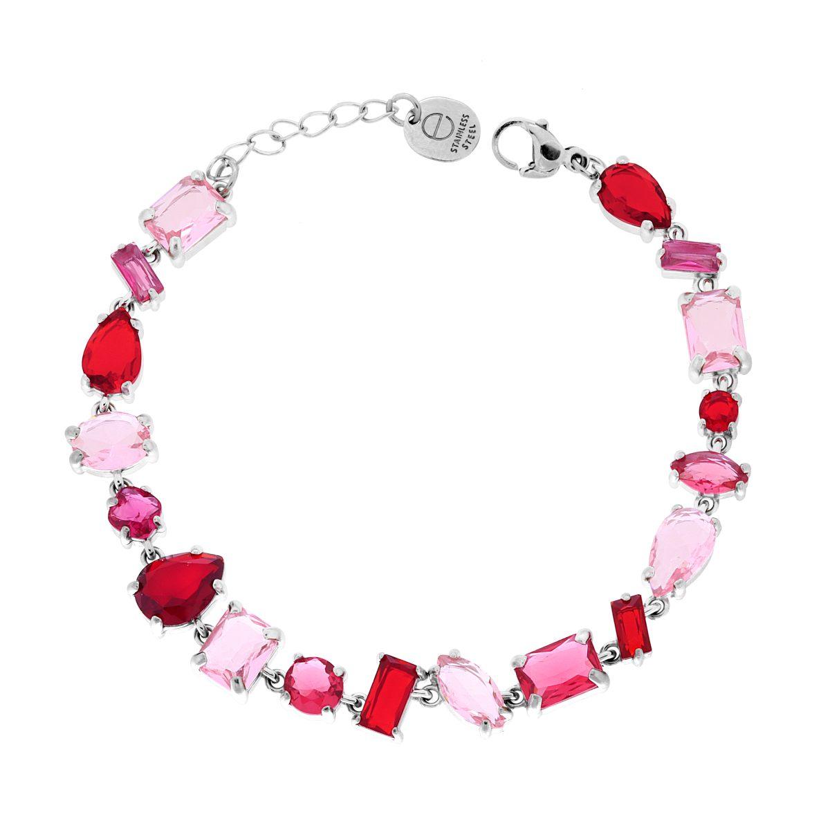 Bracciale Tennis con Crystal Multitaglio toni del Rosso Rubino in ACCIAIO<BR>