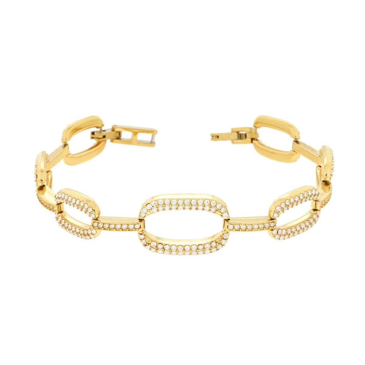 Bracciale Catena con Ovali e Crystal Bianchi in ACCIAIO colore Oro<BR>