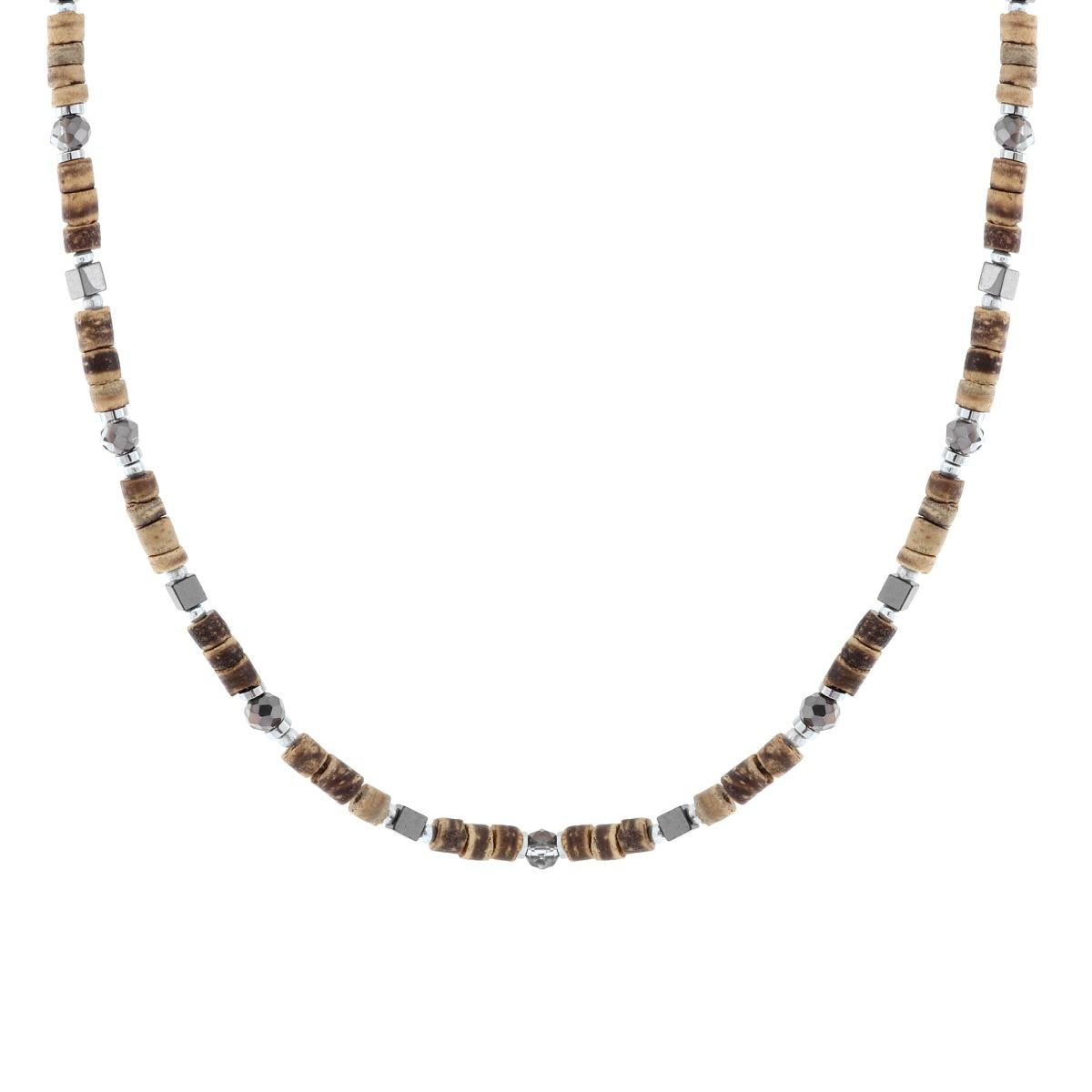 Collana Catena con Pietre Cilindriche effetto Naturale e Pietre Ematite in ACCIAIO<BR>