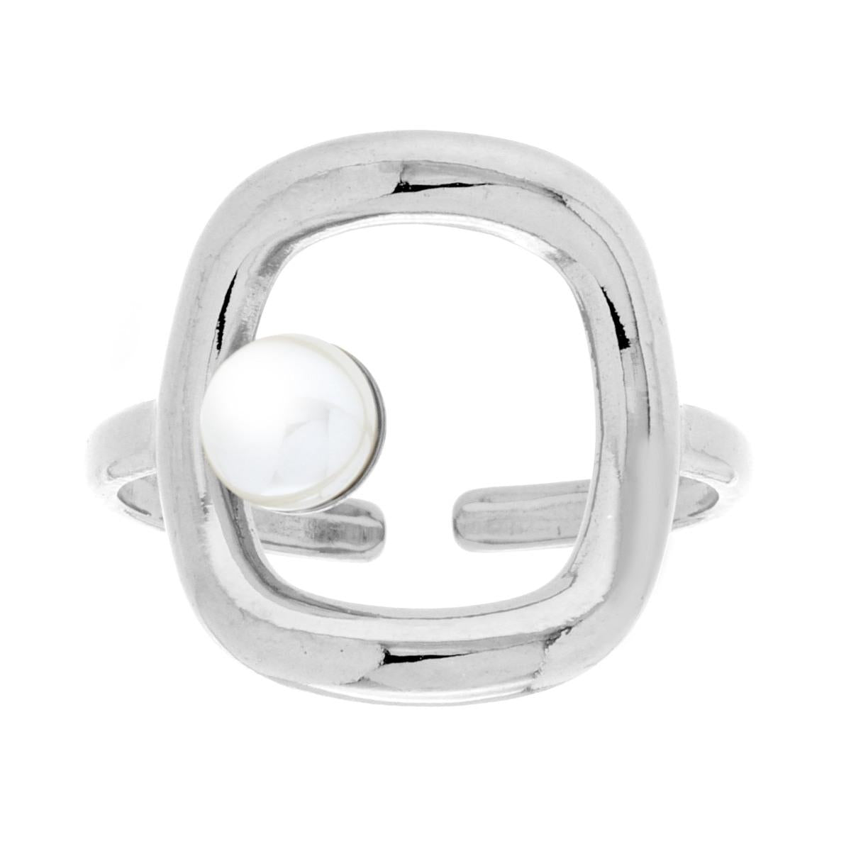 Anello con Rettangolo e Perla Bianca in ACCIAIO