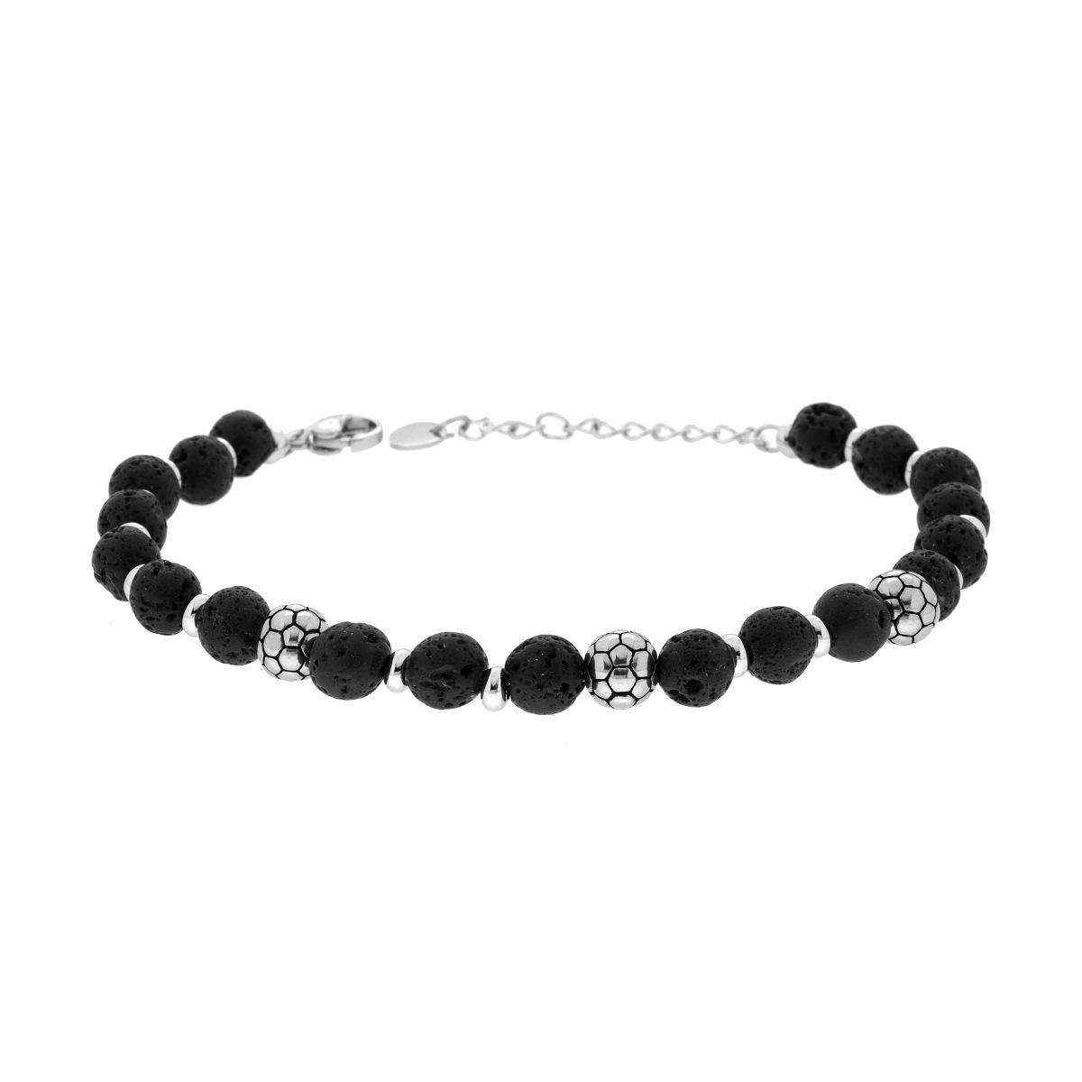 Bracciale Catena con Pietra Lavica Nera e Palloni da Calcio in ACCIAIO<BR>