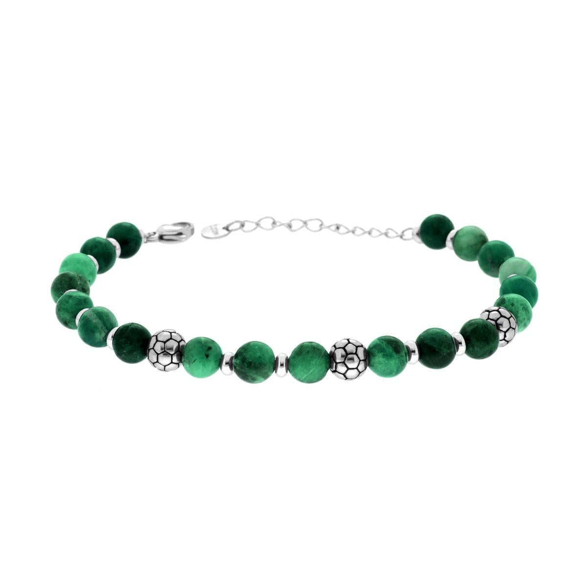 Bracciale Catena con Pietre Colore Verde Malachite e Palloni da Calcio in ACCIAIO<BR>