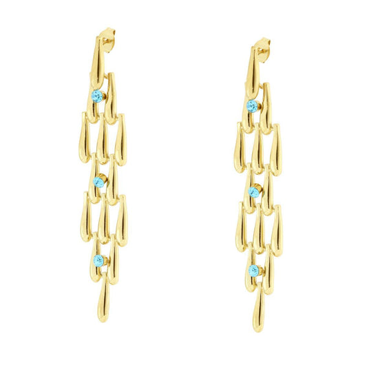 Orecchini Chandelier Lunghi con Gocce e Crystal Azzurri in ACCIAIO colore Oro<BR>