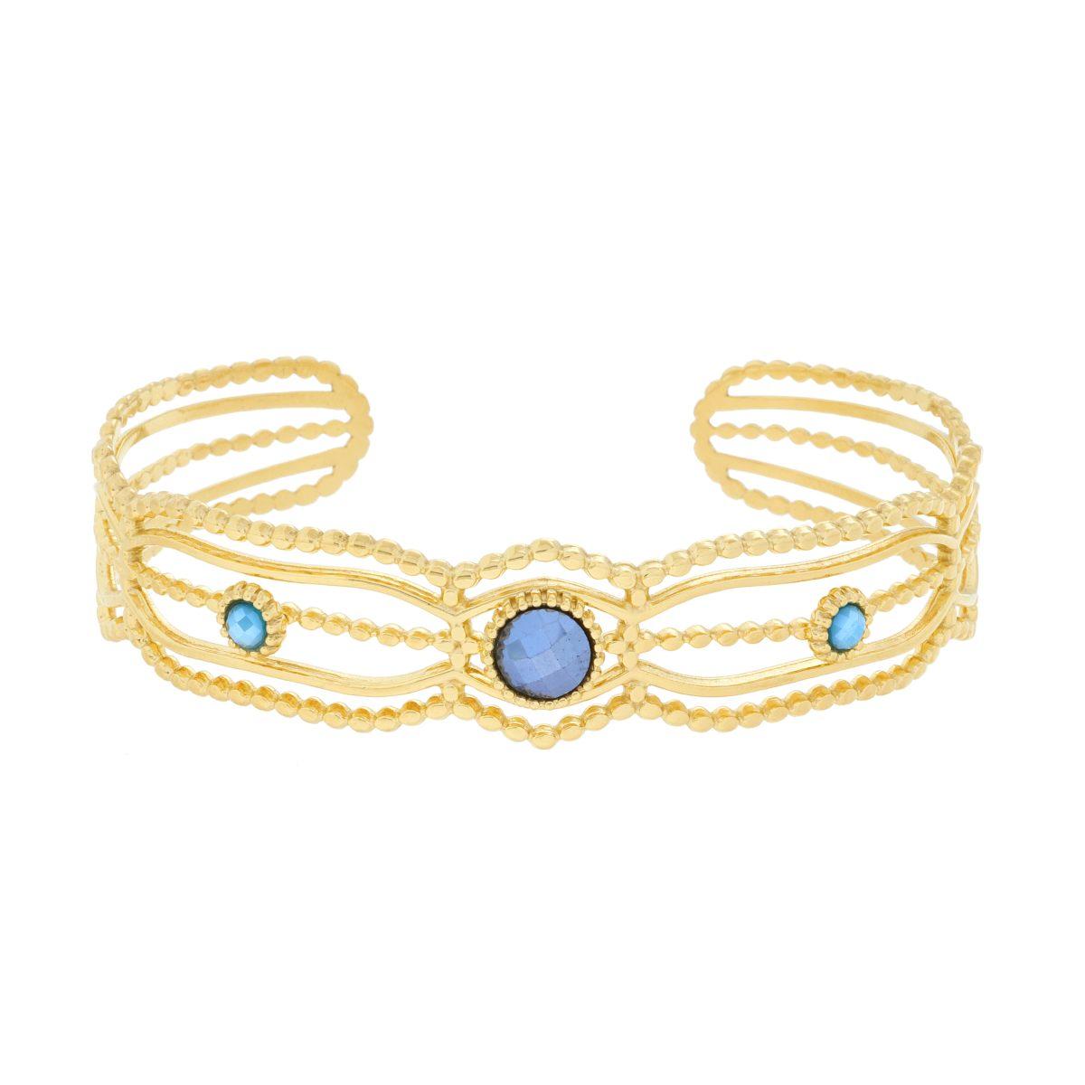 Bracciale Rigido modello Schiava Multifilo con Crystal Blu in ACCIAIO colore Oro<BR>