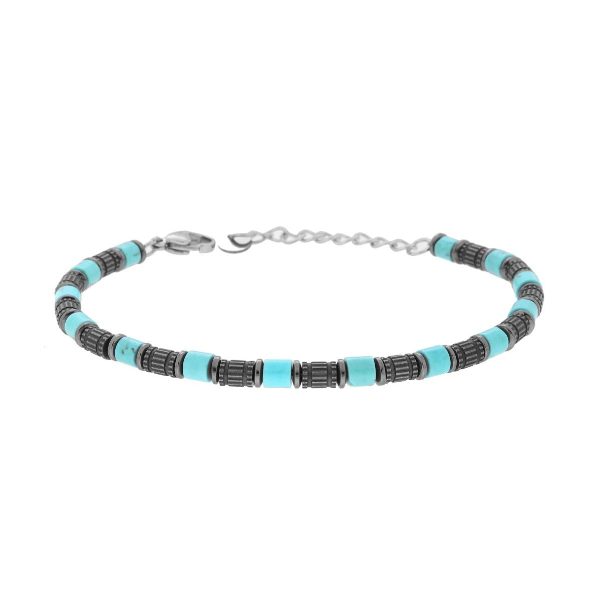 Bracciale Catena con Cilindri Bruniti e Pietre Turchesi in ACCIAIO<BR>