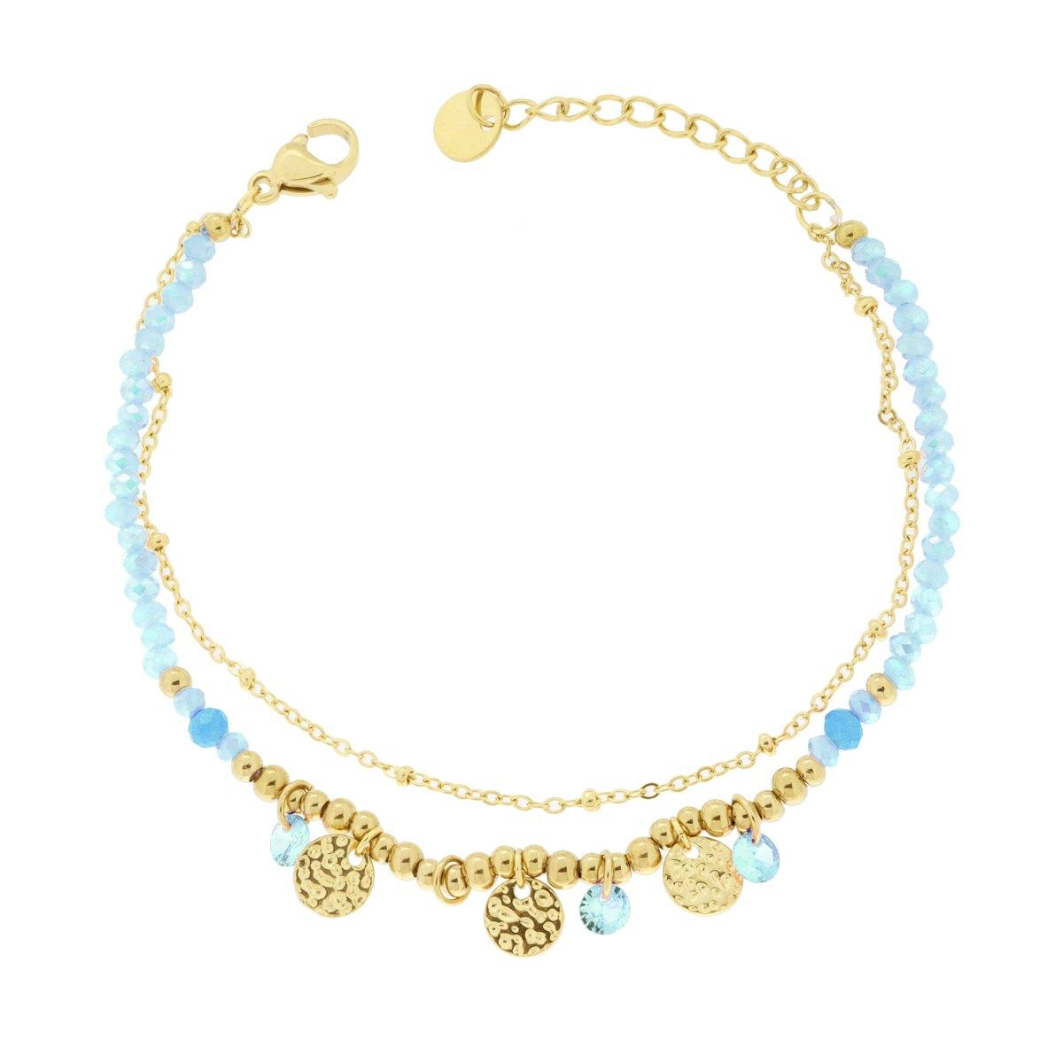 Bracciale due fili Catena con Palline Crystal Azzurro e Tondi Martellati in ACCIAIO colore Oro<BR>