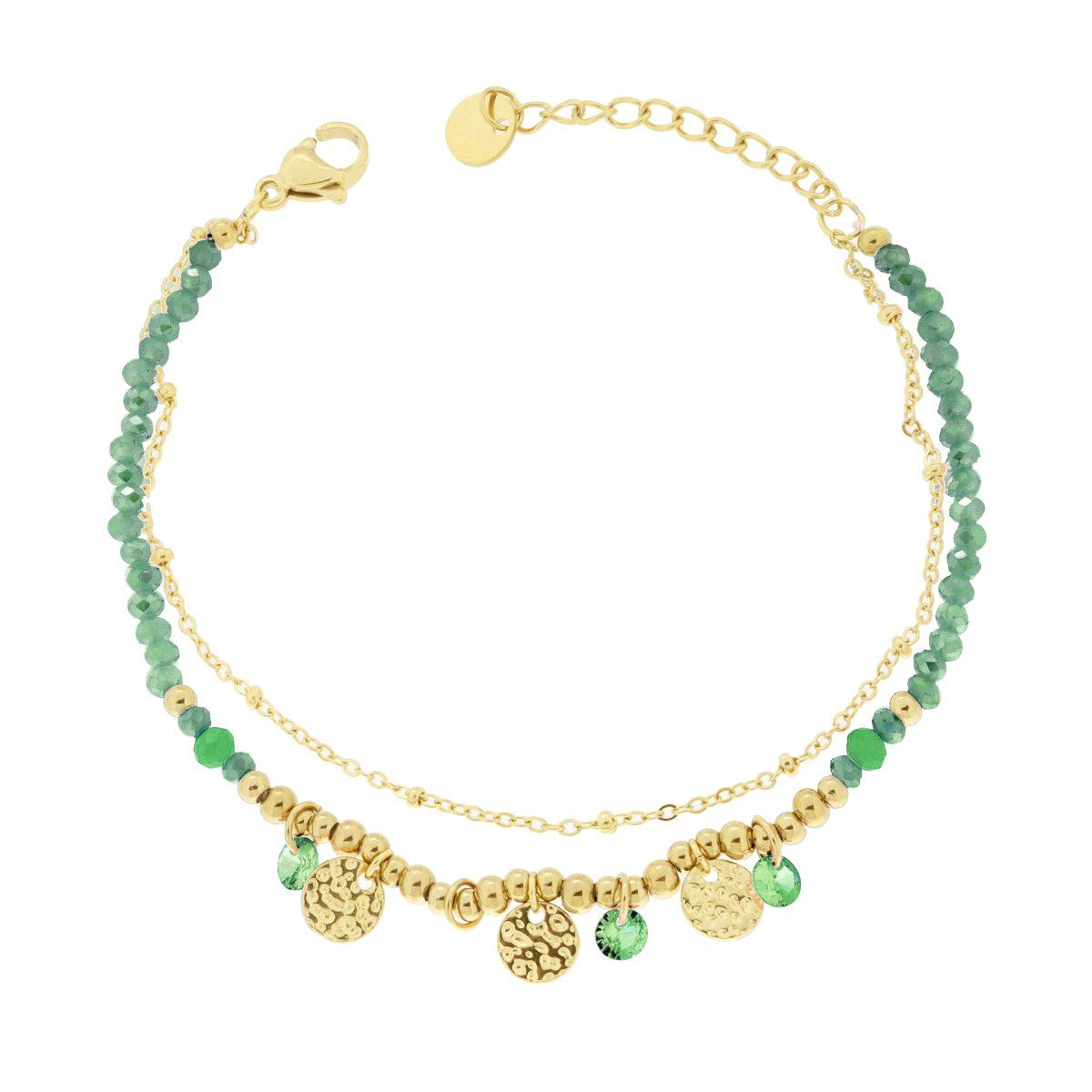 Bracciale due fili Catena con Palline Crystal Verde e Tondi Martellati in ACCIAIO colore Oro<BR>