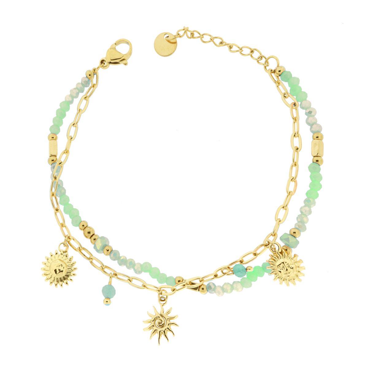Bracciale due fili Catena con Palline Crystal Verde e Sole Pendenti in ACCIAIO colore Oro<BR>