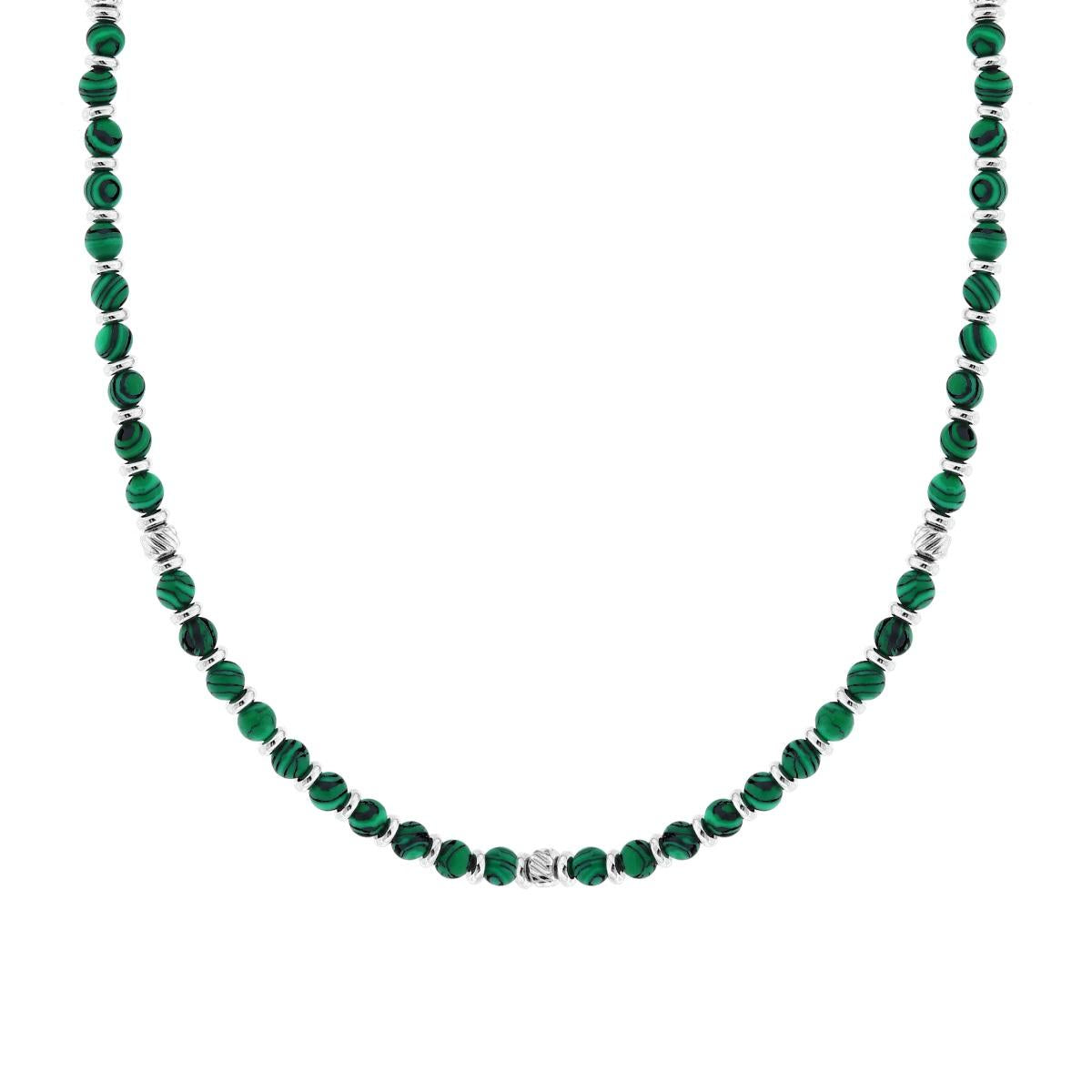 Collana Catena con Palline Pietra Verde Malachite e Cilindretti Diamantati in ACCIAIO<BR>