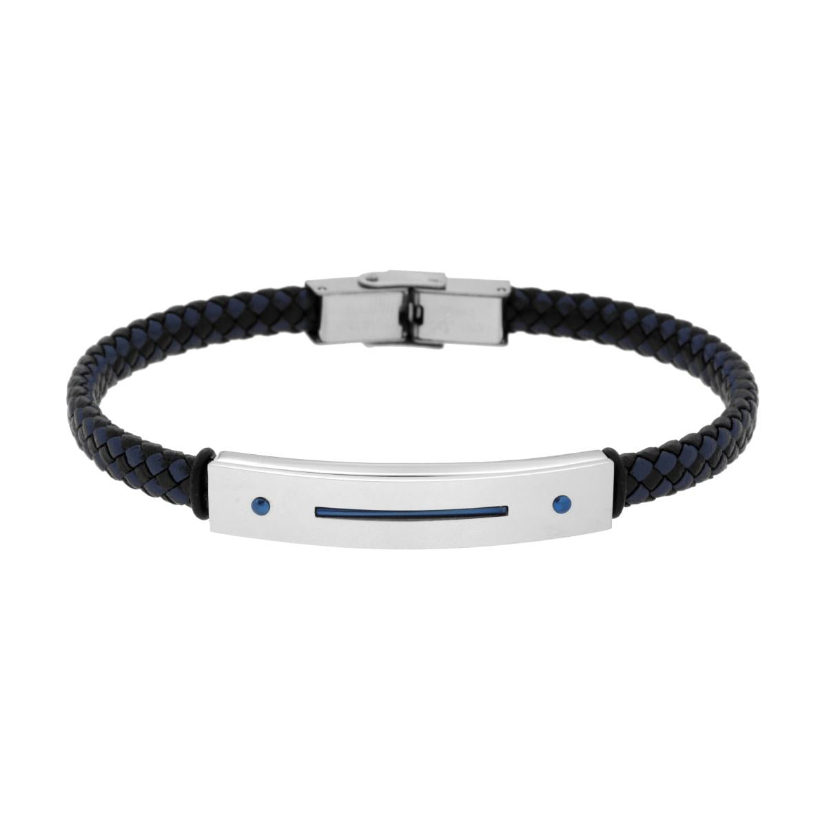 Bracciale Uomo in Ecopelle Intrecciata Nero e Blu con Targa con dettaglio in Blu in ACCIAIO<BR>