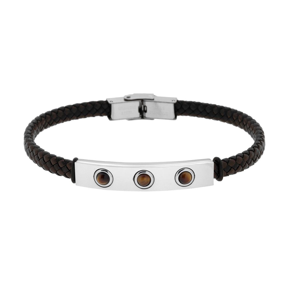 Bracciale Uomo in Ecopelle Intrecciata Nero e Marrone con Targa con Pietre Occhio di Tigre in ACCIAIO<BR>