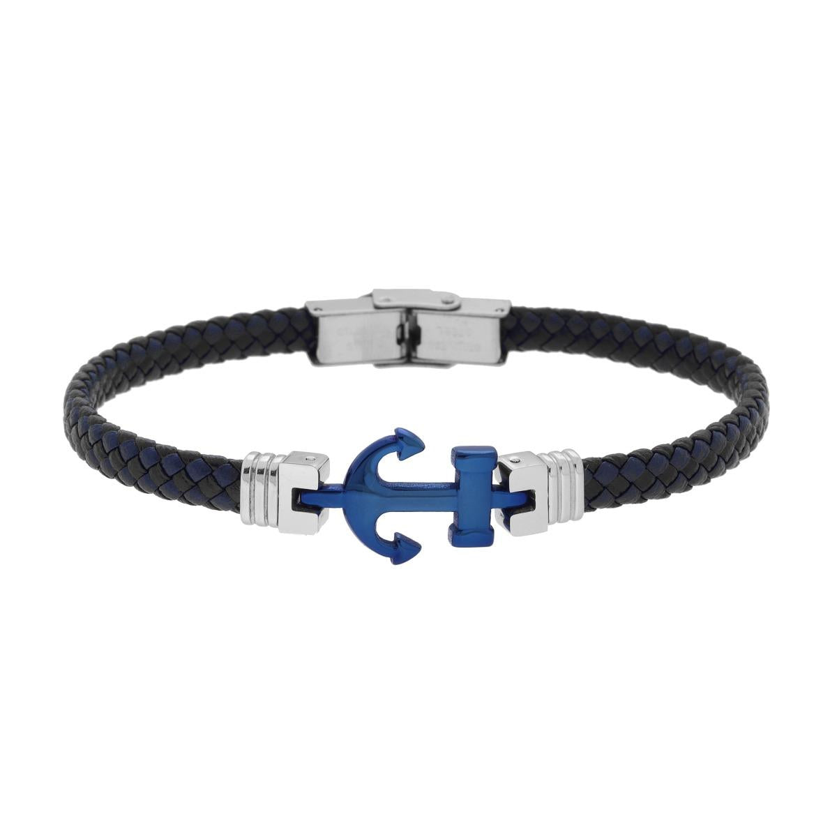 Bracciale Uomo in Ecopelle Intrecciata Nero e Blu con Ancora Blu in ACCIAIO<BR>