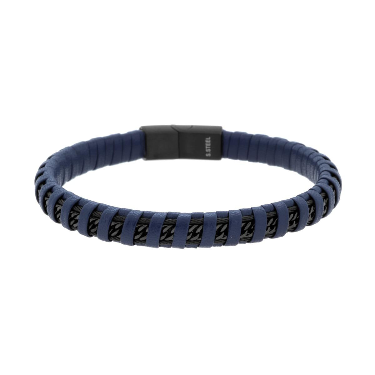 Bracciale Uomo in Ecopelle Intrecciata Blu con Catena Grumetta Diamantata in ACCIAIO colore Nero<BR>