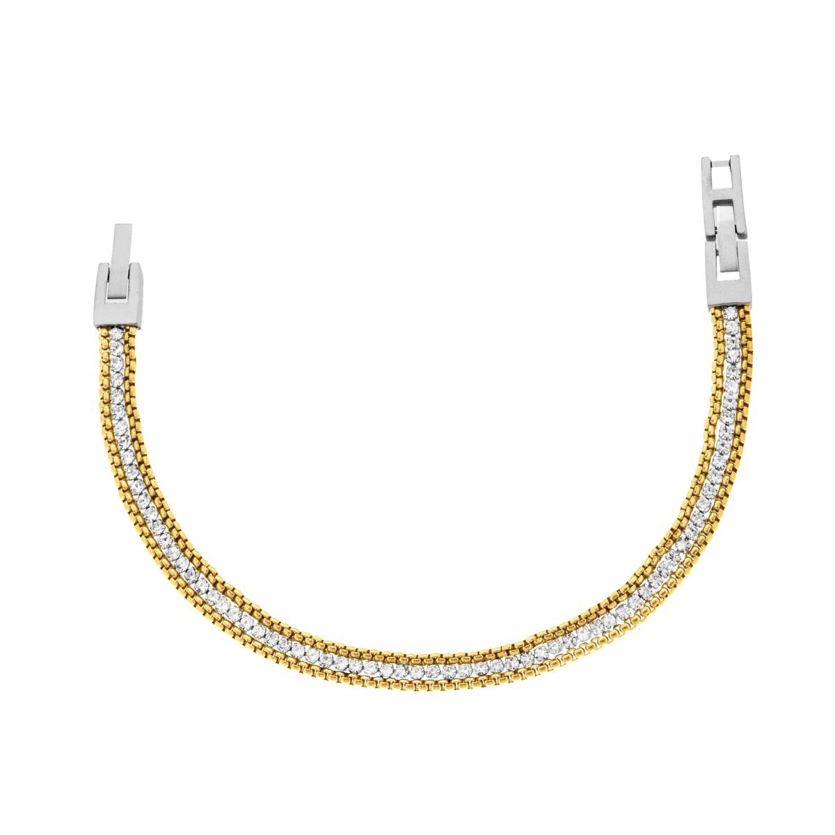 Bracciale Catena Veneziana Tonda colore Oro con Tennis Crystal Bianchi in ACCIAIO<BR>