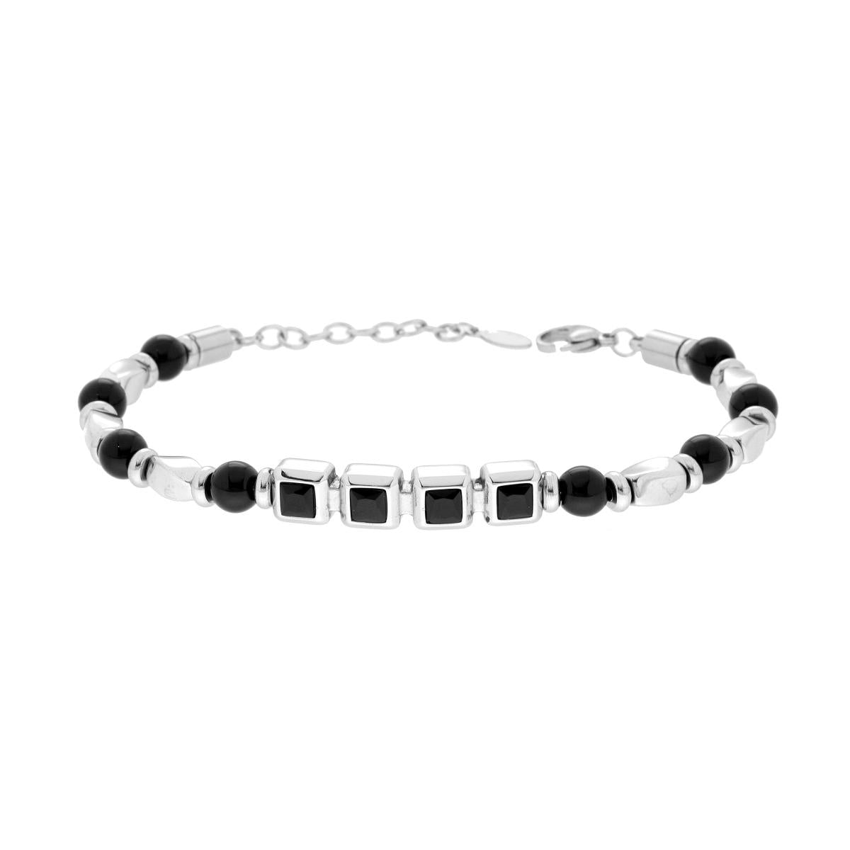 Bracciale Uomo con Palline Nere e Targa con Crystal Neri in ACCIAIO<BR>