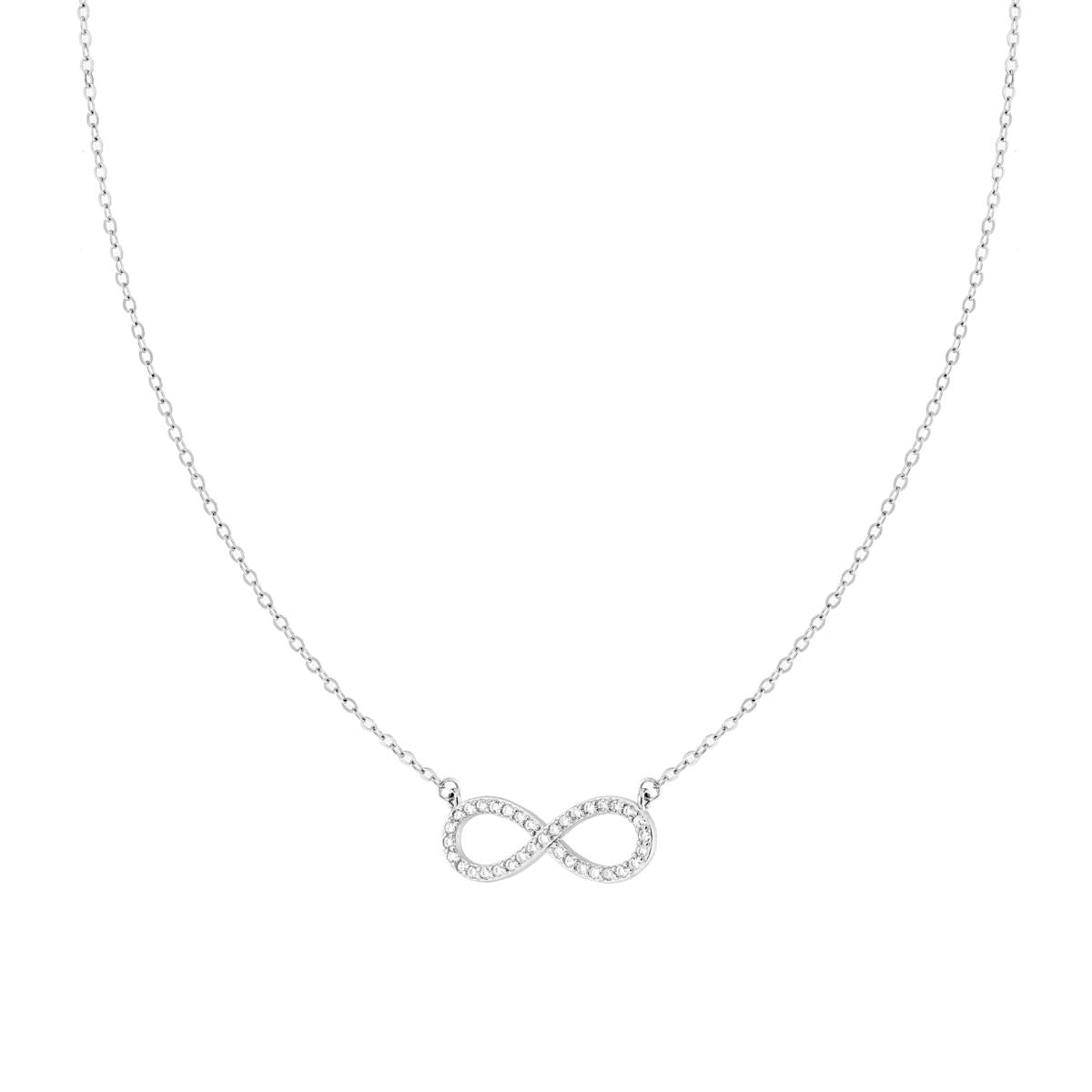 Collana Catena Forzatina Infinito con Zirconi Bianchi in ARGENTO 925 Galvanica Rodio
