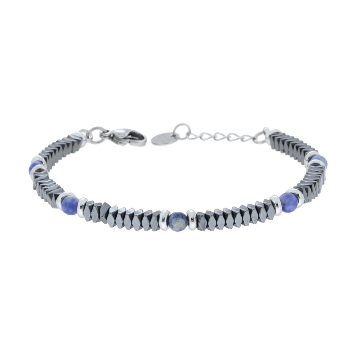 Bracciale Catena con Cuscinetti in Ceramica Antracite e Pietre colore Blu Lapislazzuli in ACCIAIO<BR>