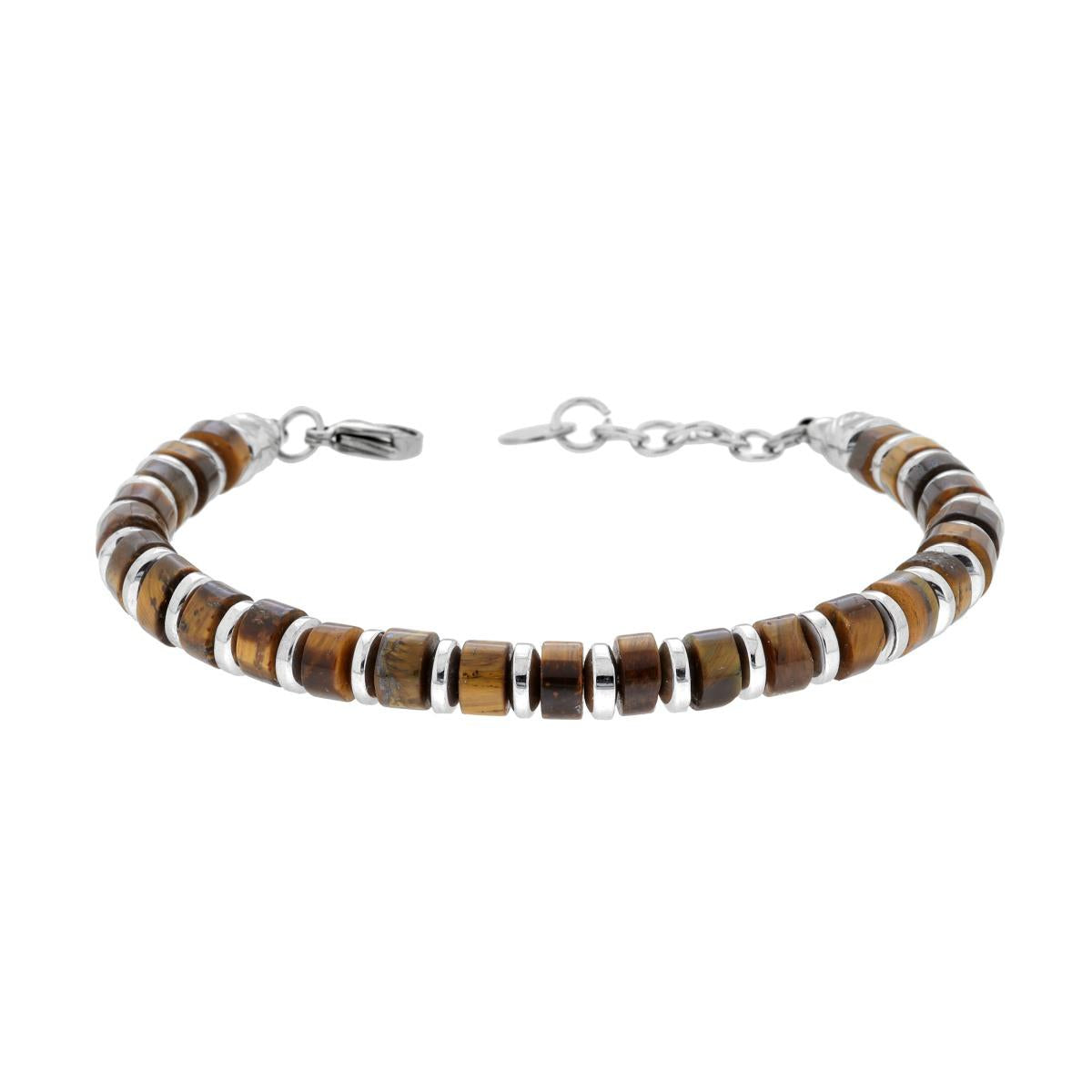 Bracciale Catena con Cilindretti in Pietra colore Occhio di Tigre in ACCIAIO<BR>