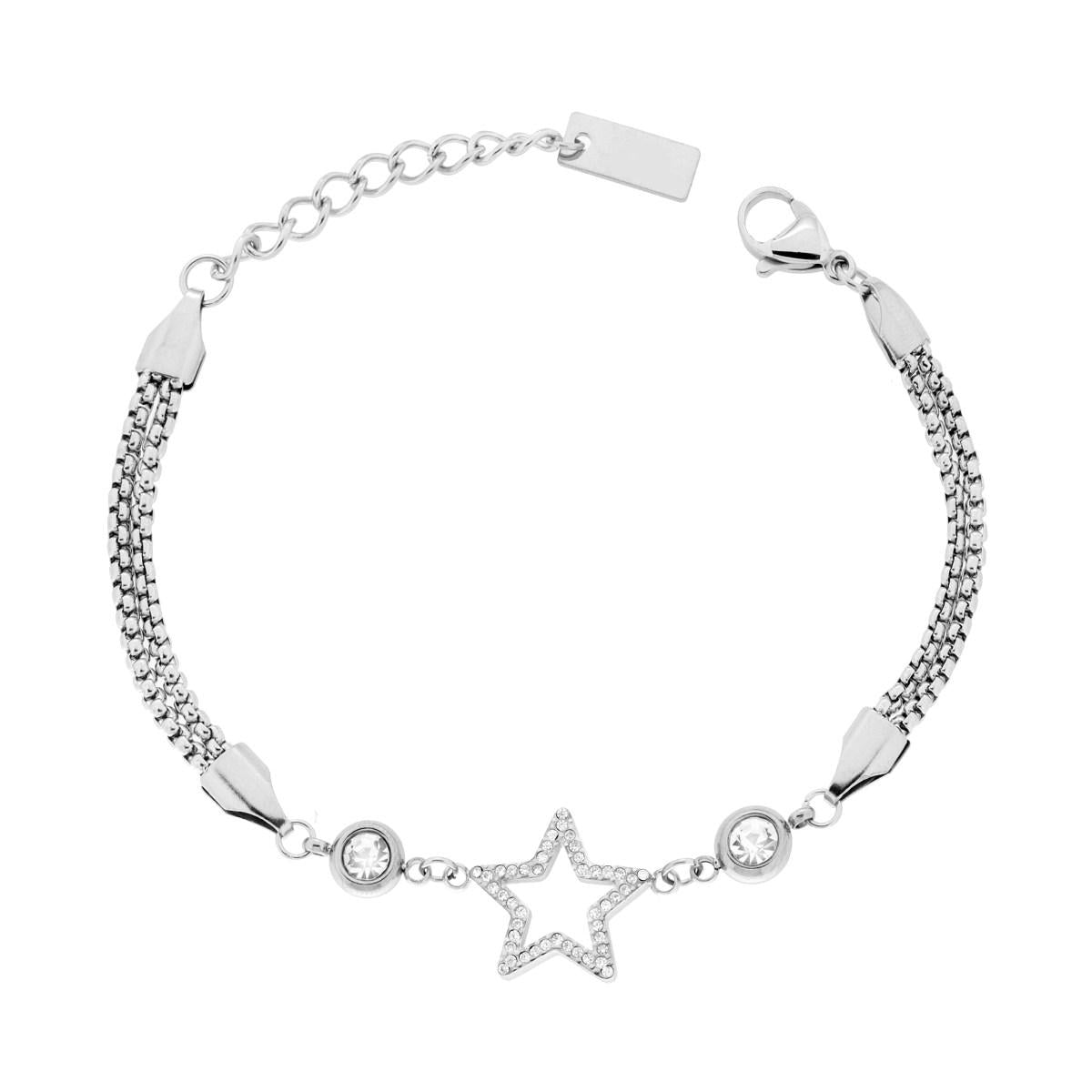 Bracciale Catena Veneziana con Stella e Crystal Bianchi in ACCIAIO<BR>