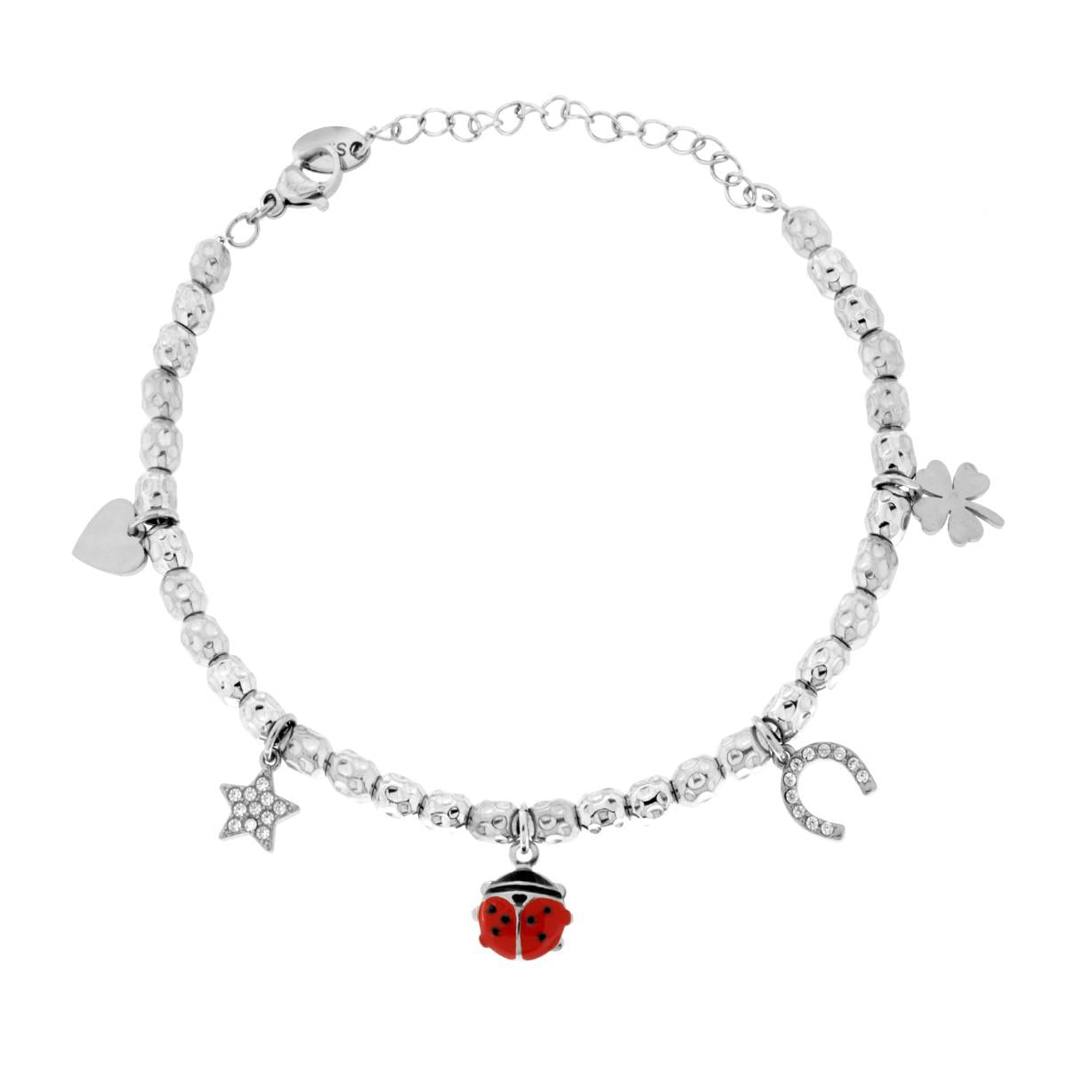 Bracciale Catena con Ovali Martellati e Charms Portafortuna pendenti con Smalto Rosso e Crystal Bianchi in ACCIAIO <BR>