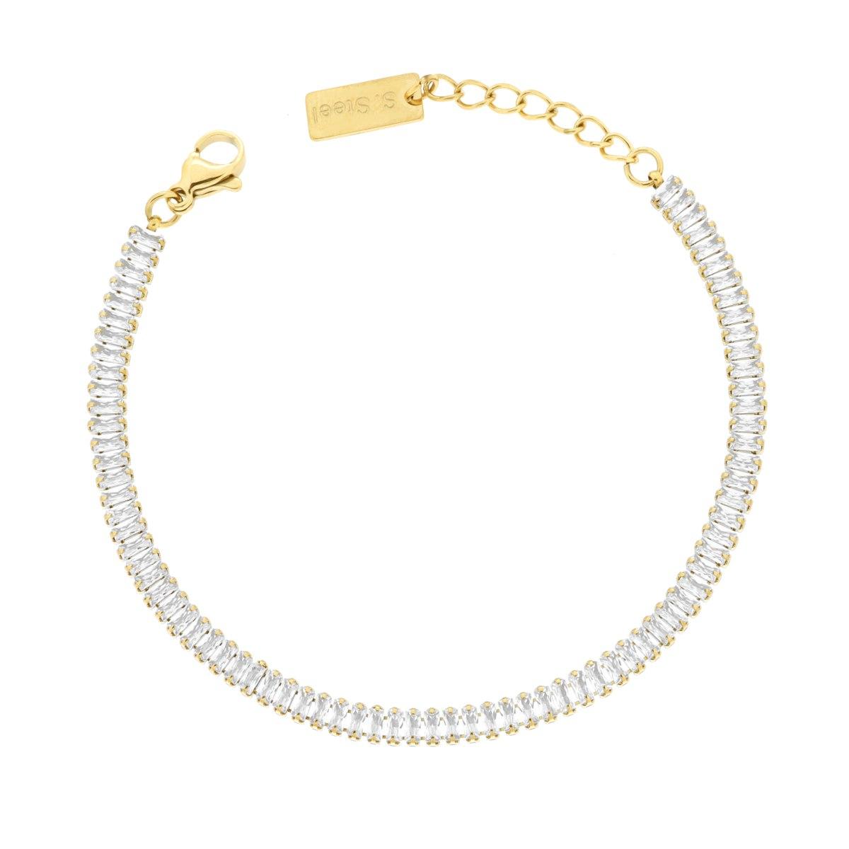Bracciale Tennis con Crystal Baguette Bianchi in ACCIAIO colore Oro<BR>