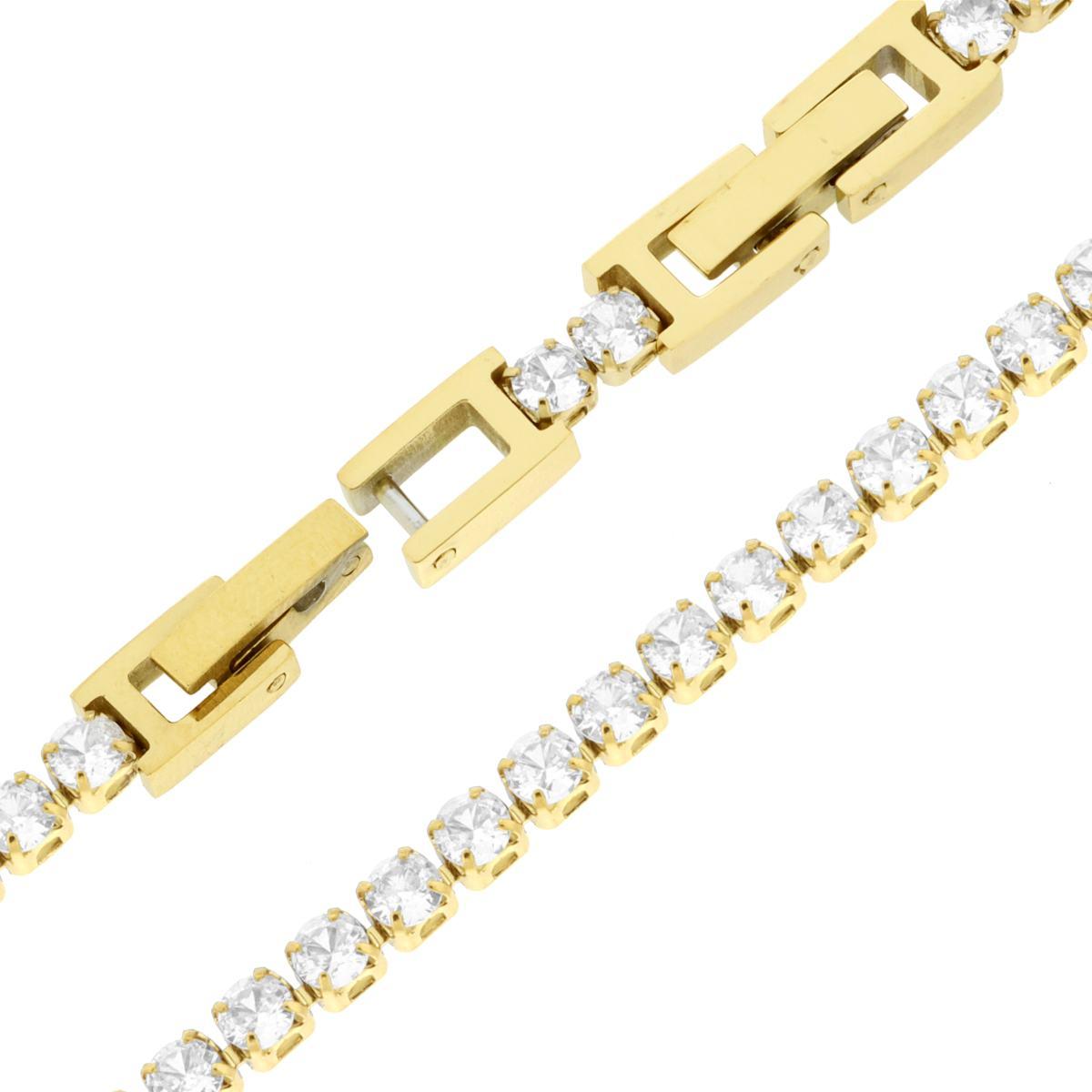 Bracciale Tennis Griffe cm 17+2 con Crystal mm 2 Bianchi regolabile in ACCIAIO colore Oro<BR>