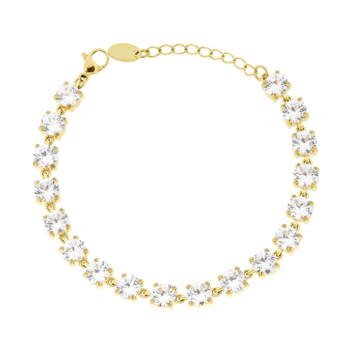 Bracciale Tennis con Crystal Tondi Bianchi in ACCIAIO colore Oro<BR>