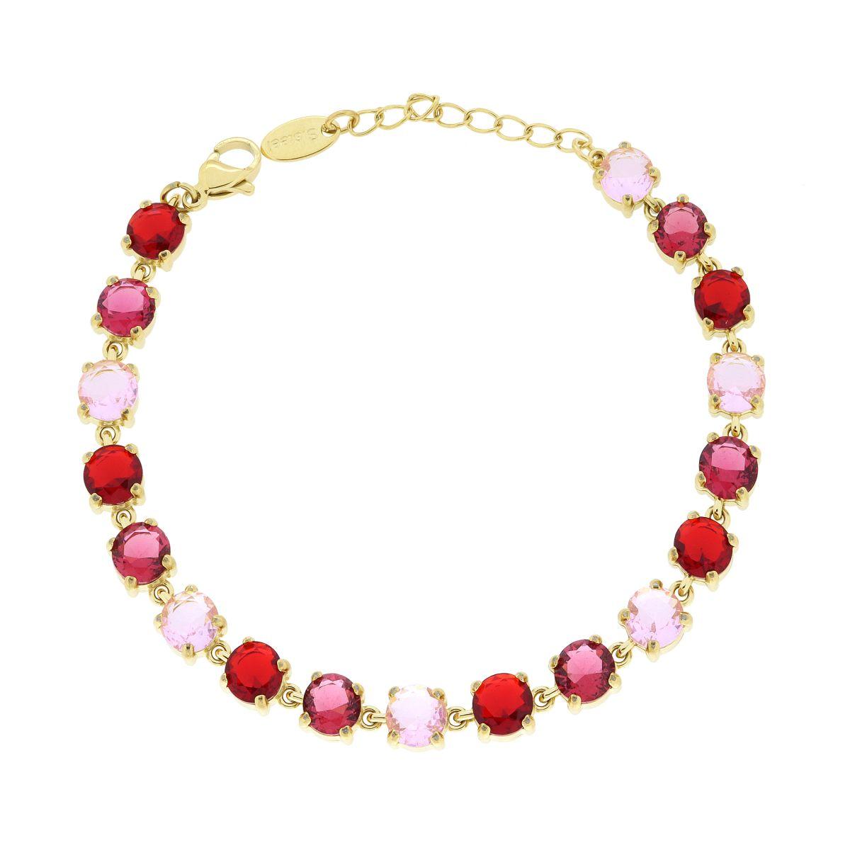 Bracciale Tennis con Crystal Tondi nei toni del Rosso Rubino in ACCIAIO colore Oro<BR>
