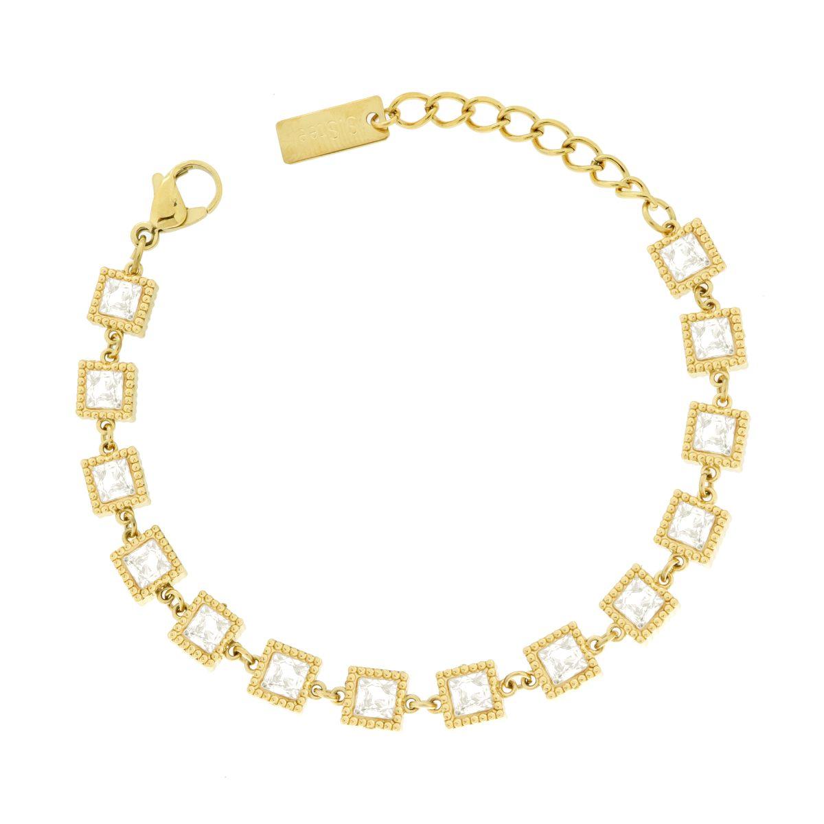 Bracciale con Quadrati e Crystal Carre Bianchi in ACCIAIO colore Oro<BR>