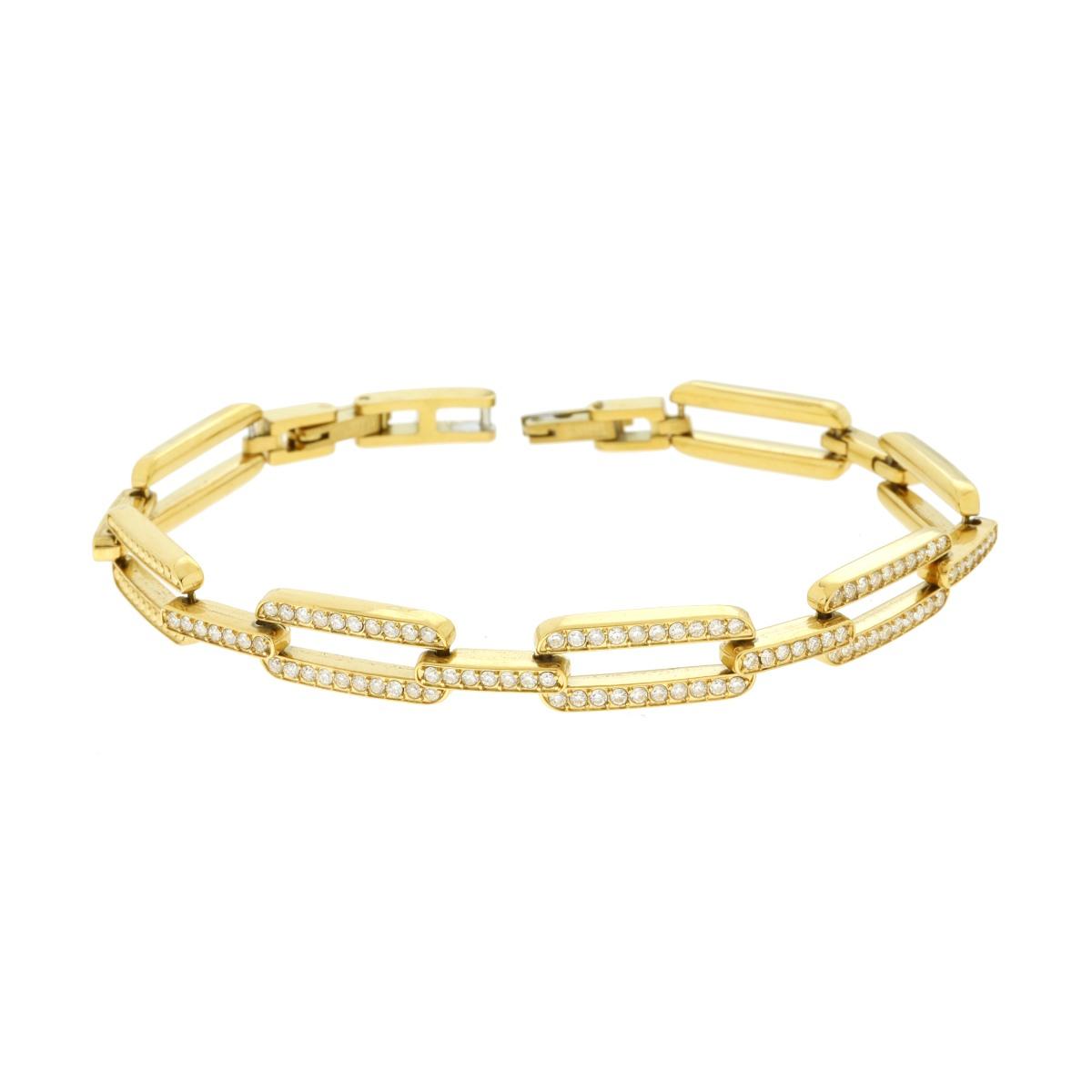 Bracciale Maglia Imperniata con Tennis e Crystal Bianchi in ACCIAIO colore Oro<BR>