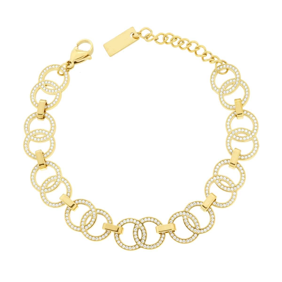 Bracciale Catena Cerchi con Crystal Bianchi in ACCIAIO colore Oro<BR>