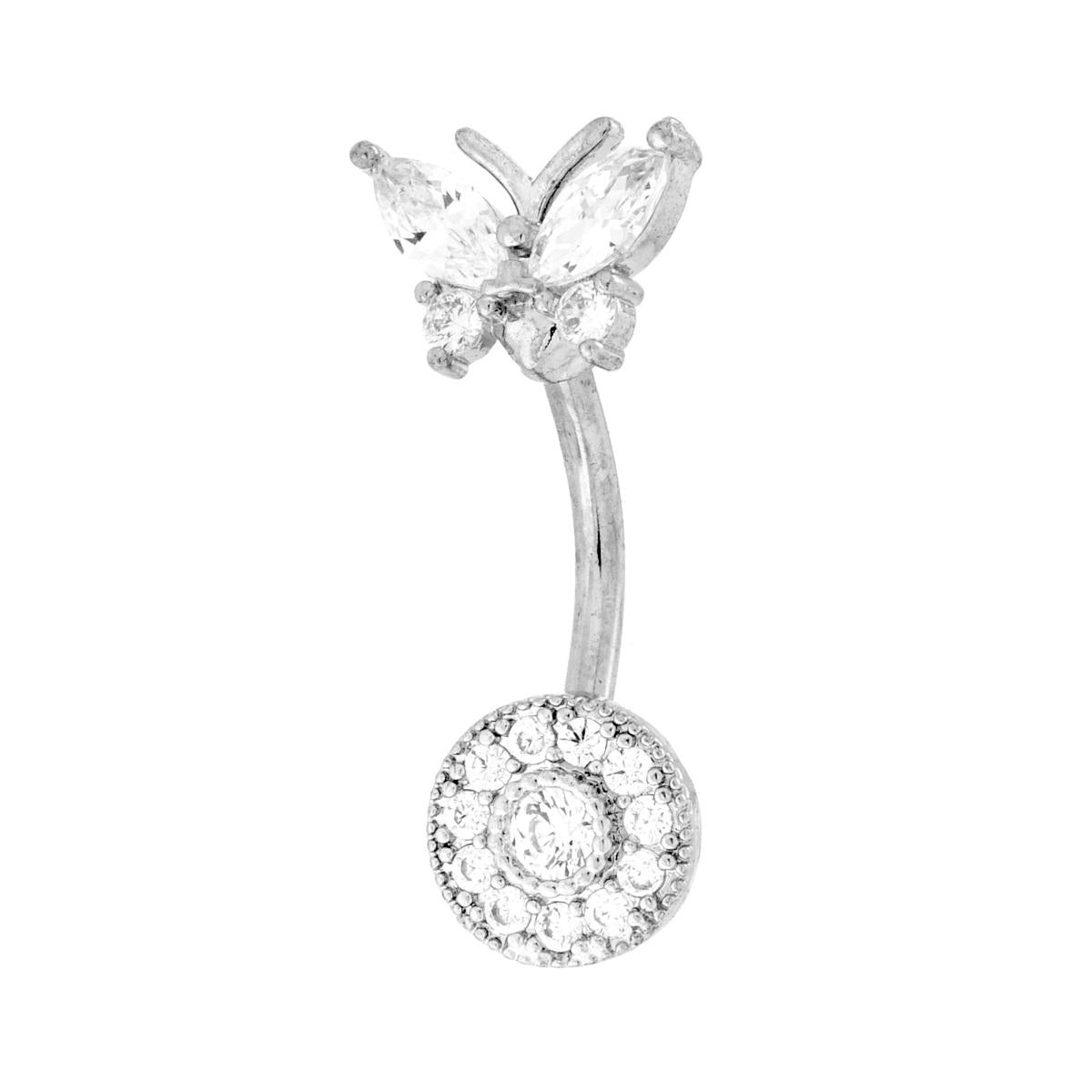 Body Piercing Banana mm 26 Farfalla e Fiore con Crystal Bianchi in ACCIAIO Chirurgico<BR>