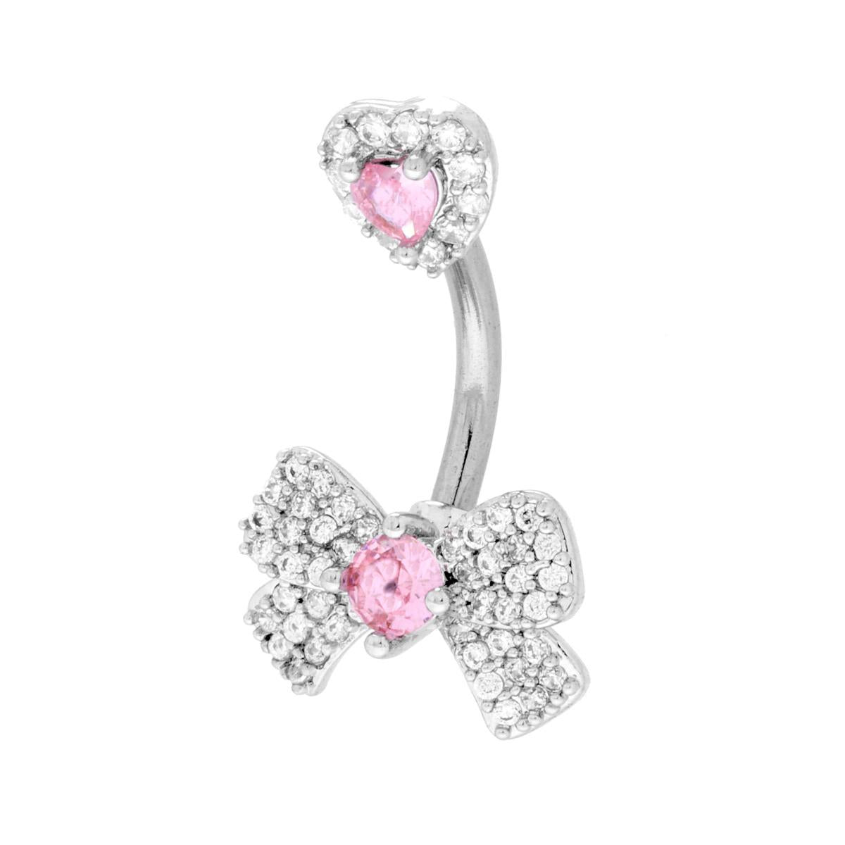 Body Piercing Banana mm 24 Cuore e Fiocco Crystal Bianchi e Rosa in ACCIAIO Chirurgico<BR>