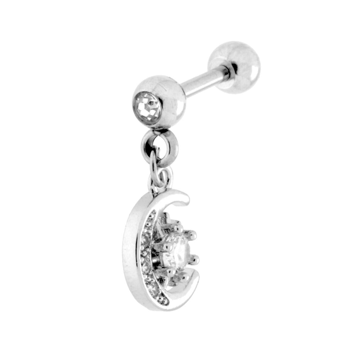 Body Piercing Barbell mm 13 con Pallina mm 4 e Luna pendente con Crystal Bianchi in ACCIAIO Chirurgico<BR>