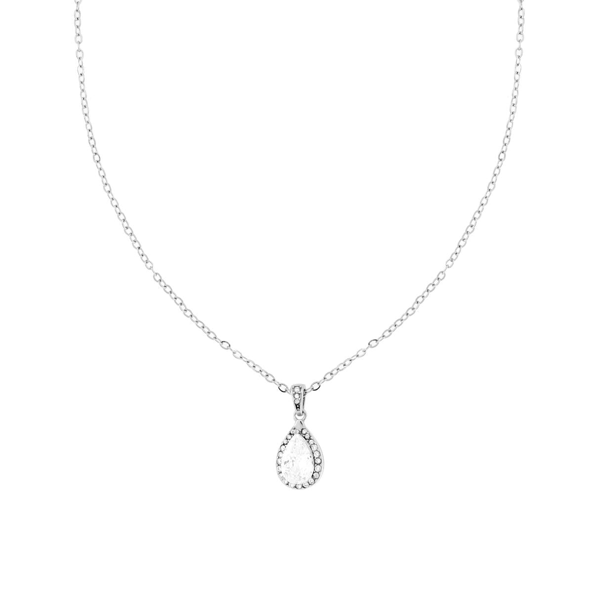 Collana Catena Forzatina Diamantata con Punto Luce Goccia in Crystal Bianchi in ACCIAIO<BR>